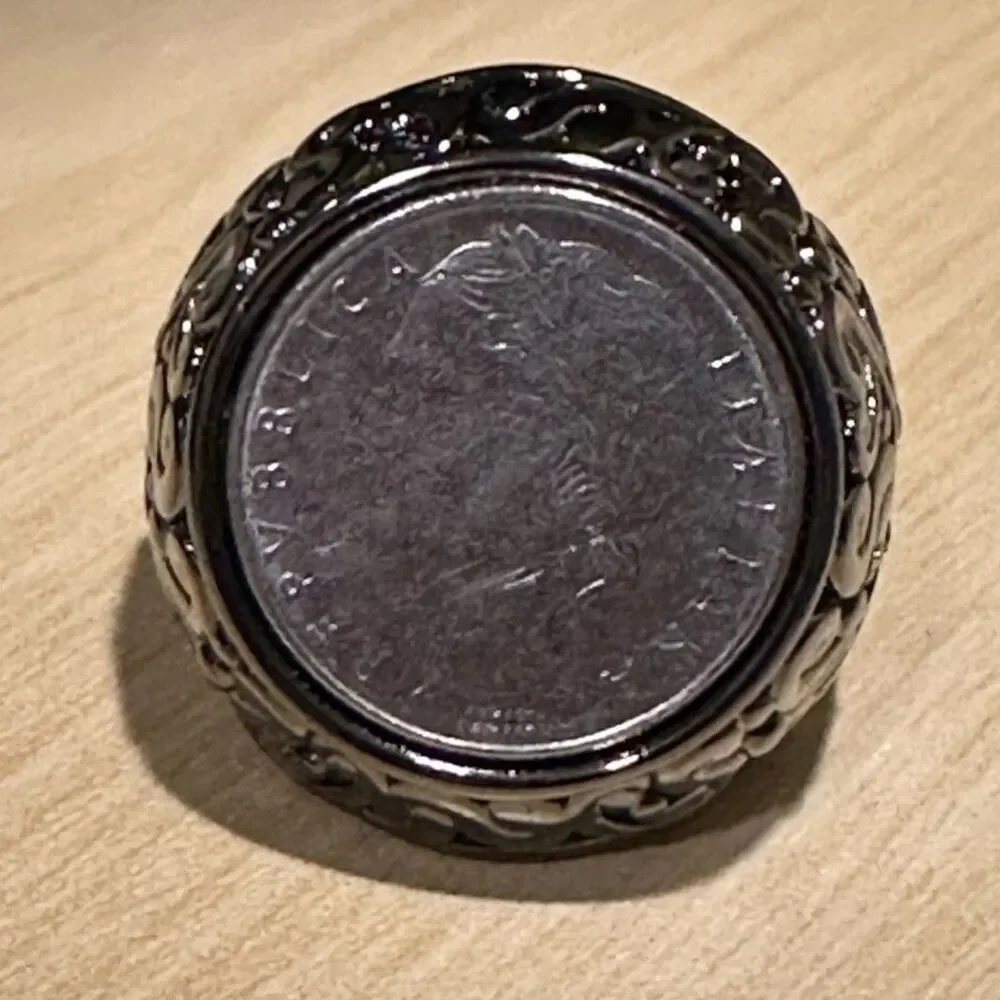 Italian Lira Coin Ring Filigree Scroll Stainless Steel Signet Size 10
